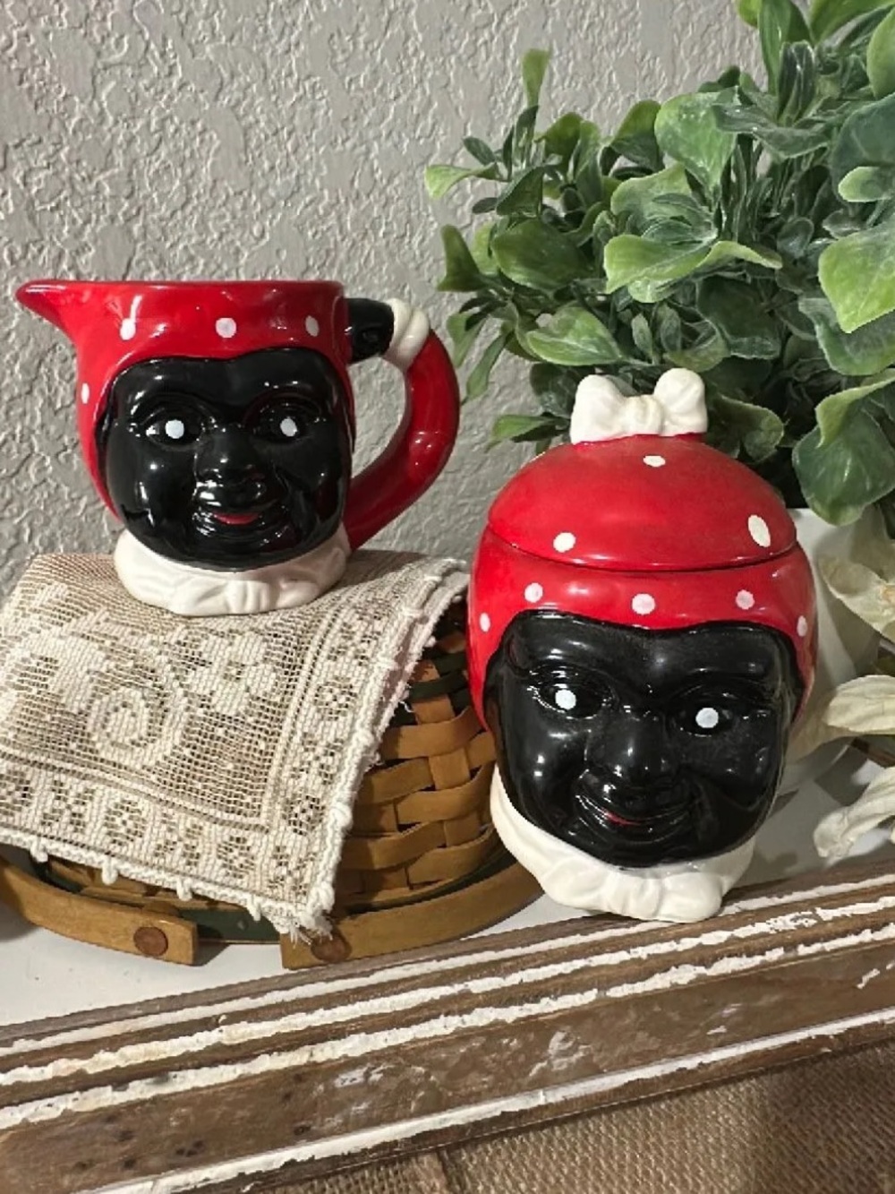 Red Polka Dot Ceramic Face Creamer and Sugar Set